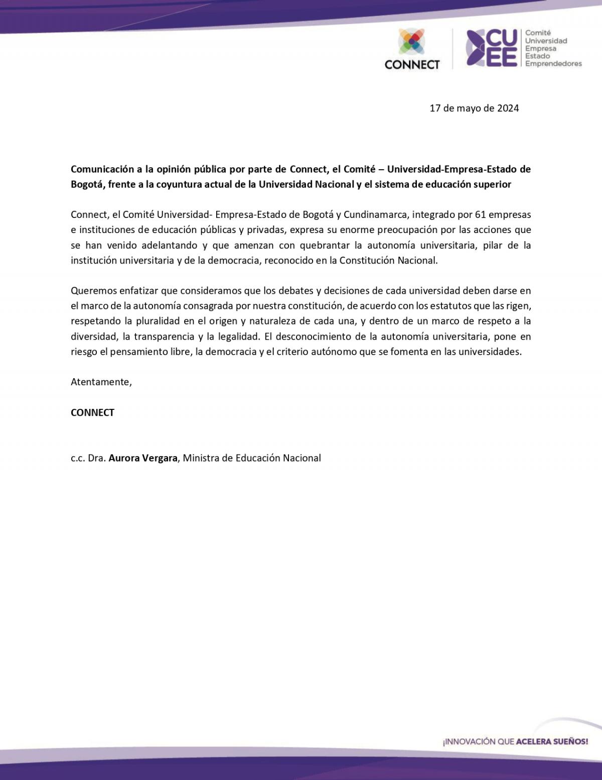 Comunicación a la opinión pública por parte de Connect, el Comité – Universidad-Empresa-Estado de  Bogotá, frente a la coyuntura actual de la Universidad Nacional y el sistema de educación superior