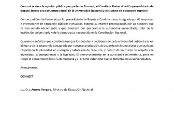 Comunicación a la opinión pública por parte de Connect, el Comité – Universidad-Empresa-Estado de  Bogotá, frente a la coyuntura actual de la Universidad Nacional y el sistema de educación superior