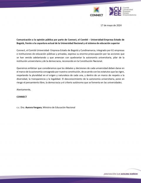Comunicación a la opinión pública por parte de Connect, el Comité – Universidad-Empresa-Estado de  Bogotá, frente a la coyuntura actual de la Universidad Nacional y el sistema de educación superior