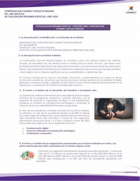 Actualización del regimen especial y registro web: corporación Connect Bogotá región 